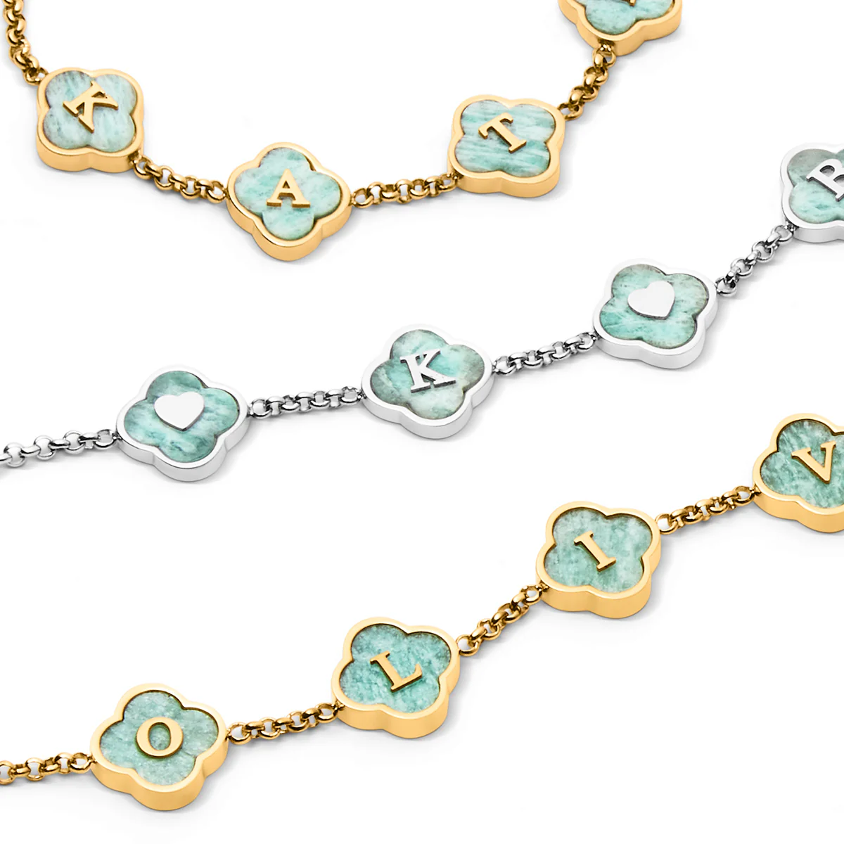 Amazonite Clover Custom Name Bracelet (Gold) - Image 4