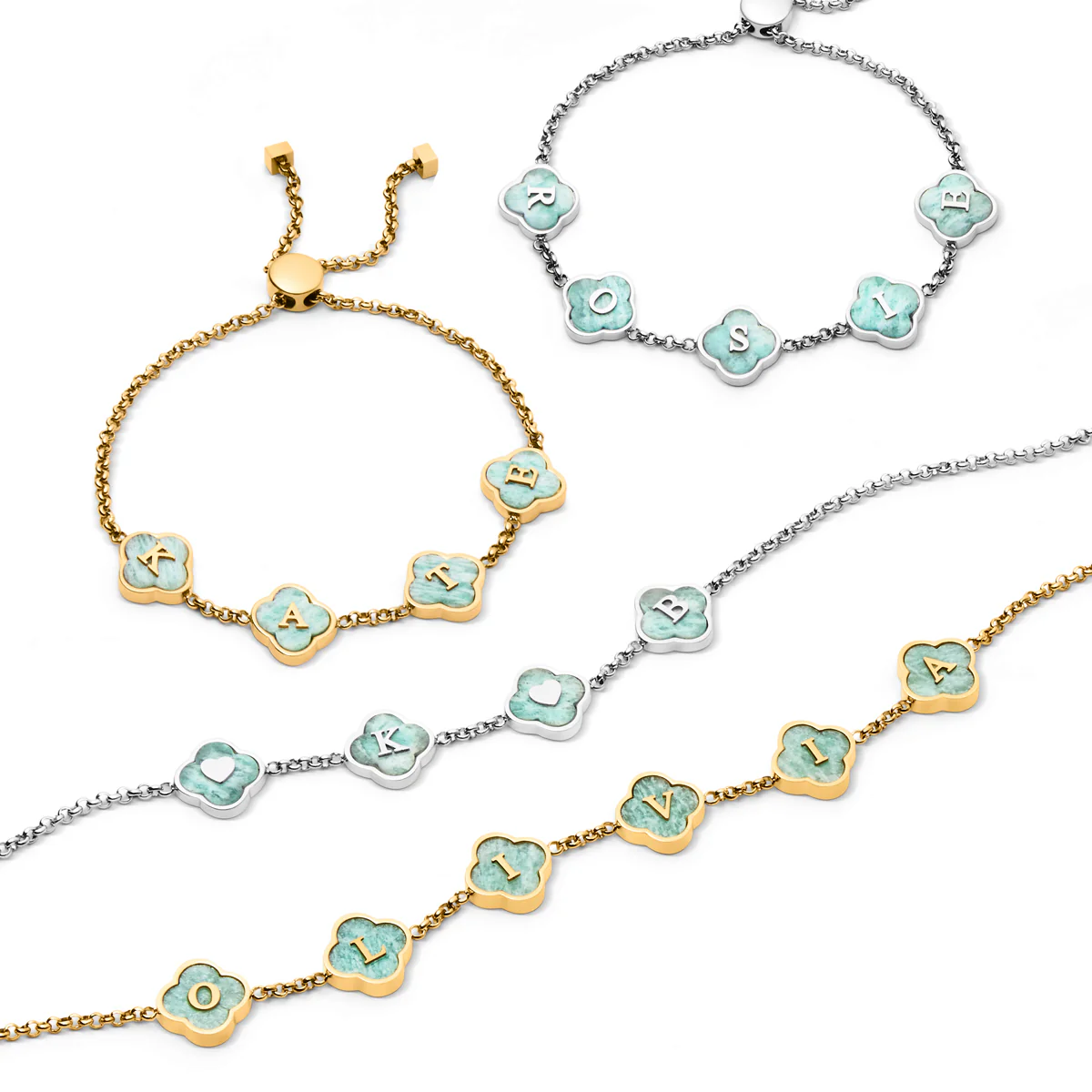 Amazonite Clover Custom Name Bracelet (Gold) - Image 5