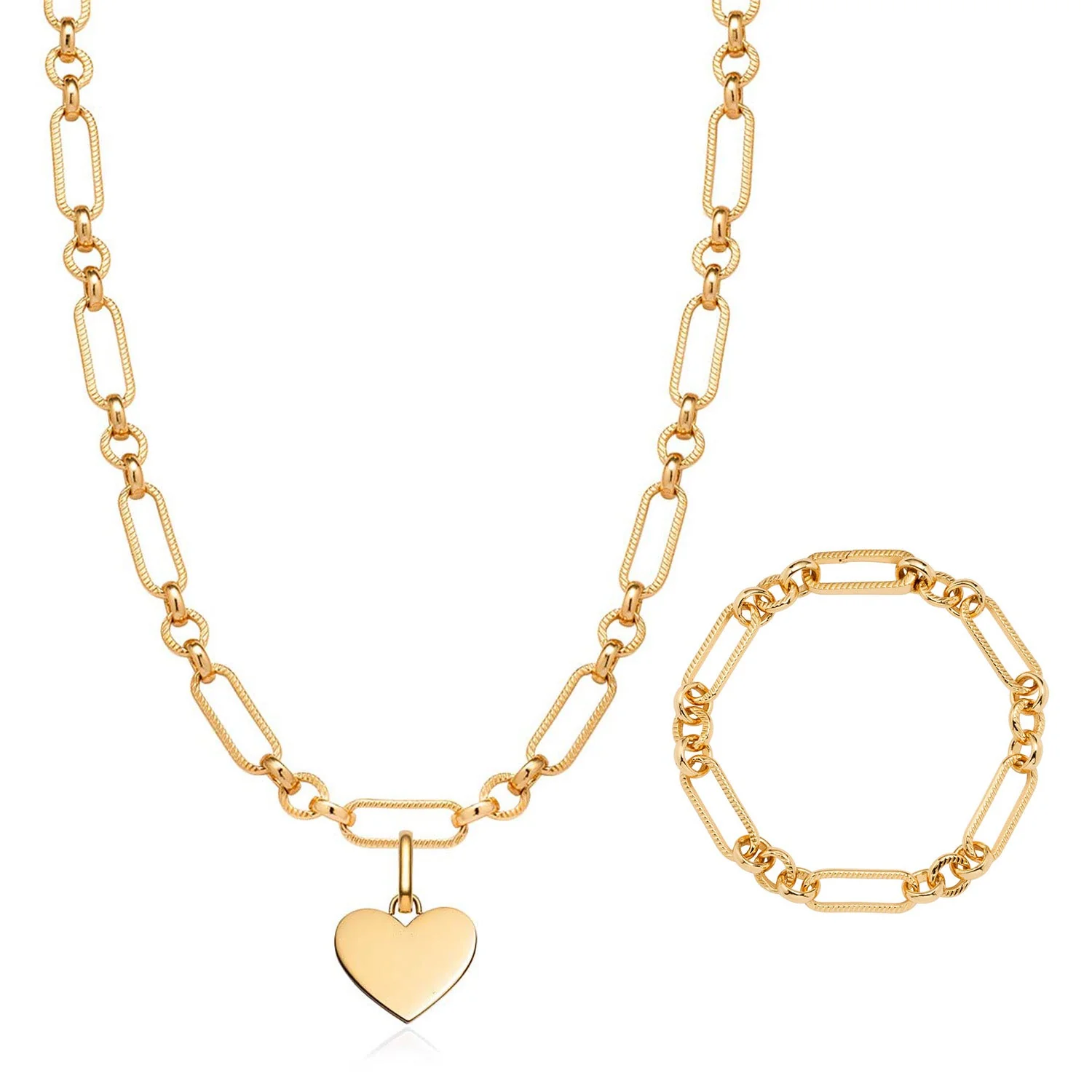 Heart Figaro Chain Necklace & Bracelet Set (Gold) - Image 5