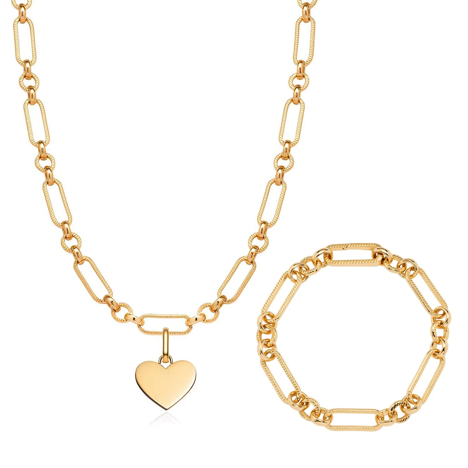 Heart Figaro Chain Necklace & Bracelet Set (Gold) - Image 6