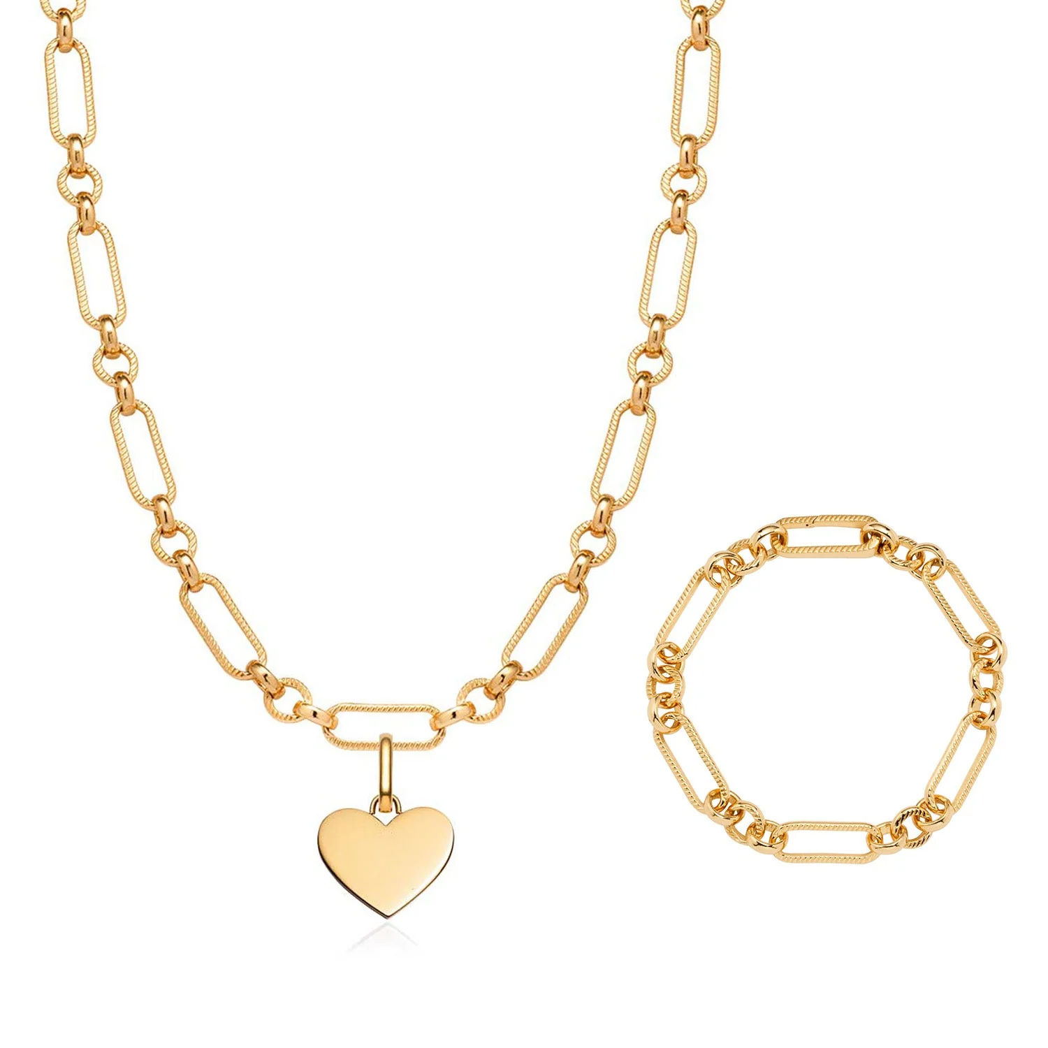Heart Figaro Chain Necklace & Bracelet Set (Gold) - Image 7