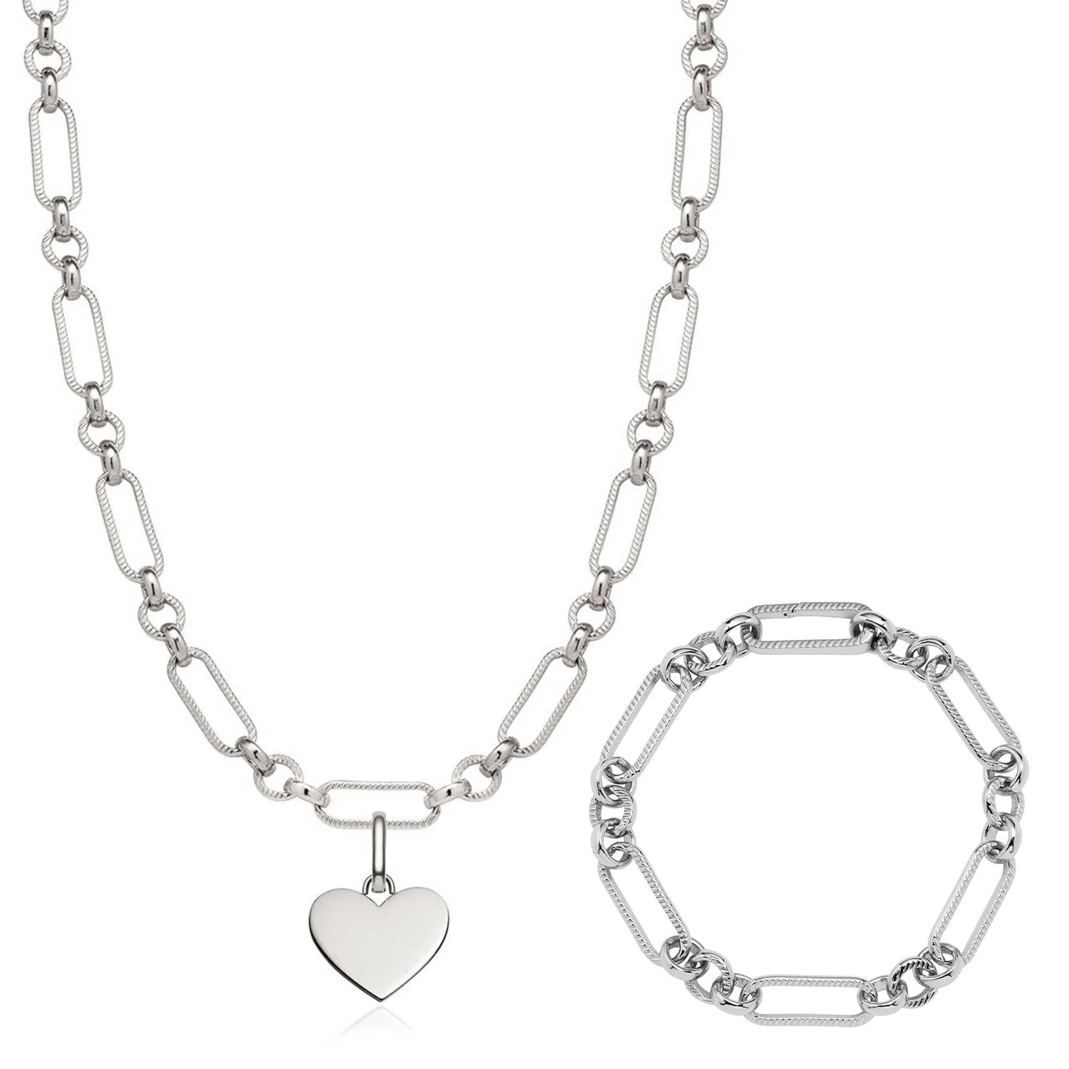 Heart Figaro Chain Necklace & Bracelet Set (Silver) - Image 4