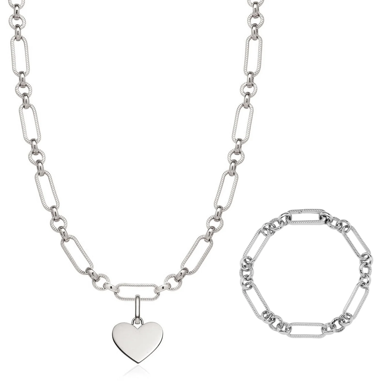 Heart Figaro Chain Necklace & Bracelet Set (Silver) - Image 5