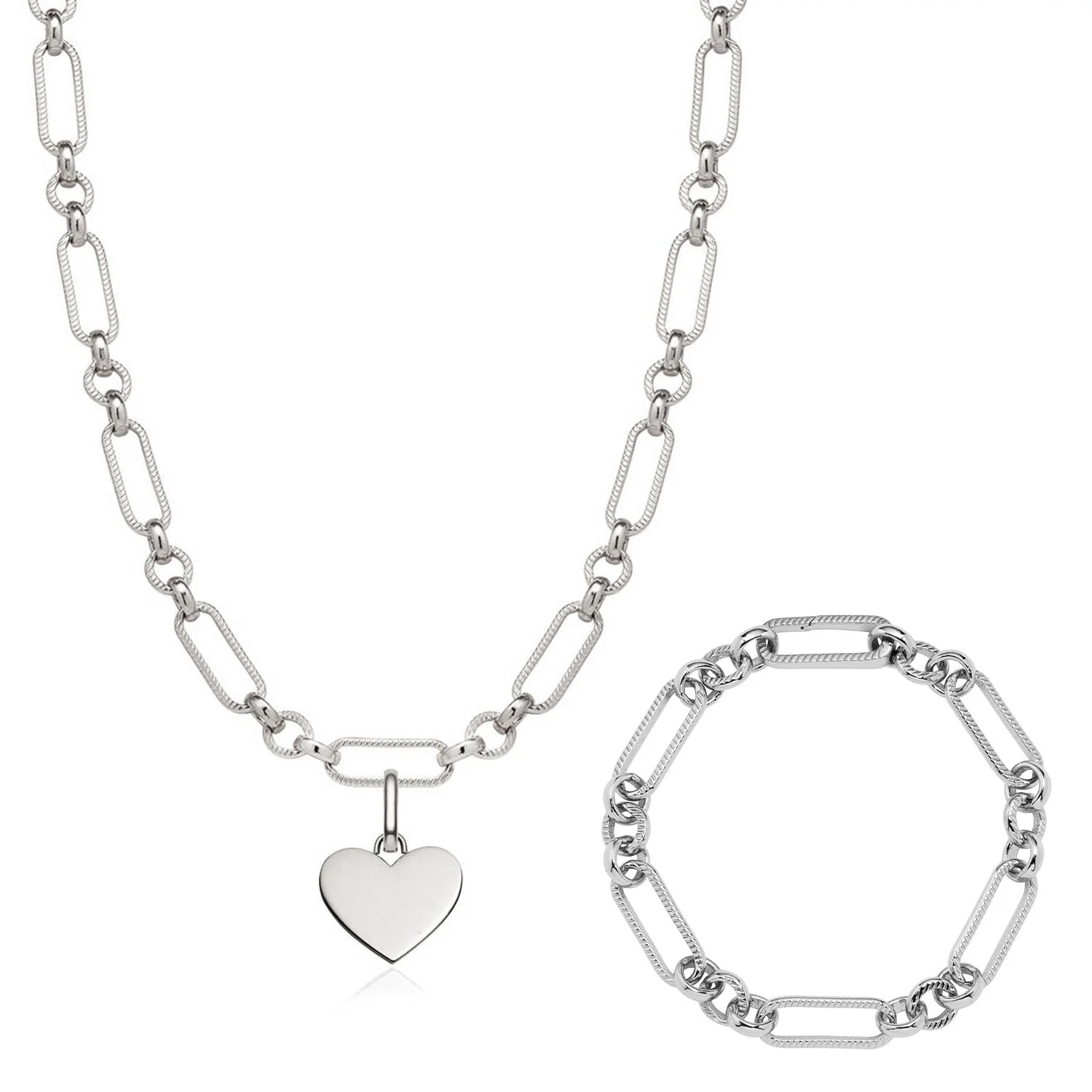 Heart Figaro Chain Necklace & Bracelet Set (Silver) - Image 6