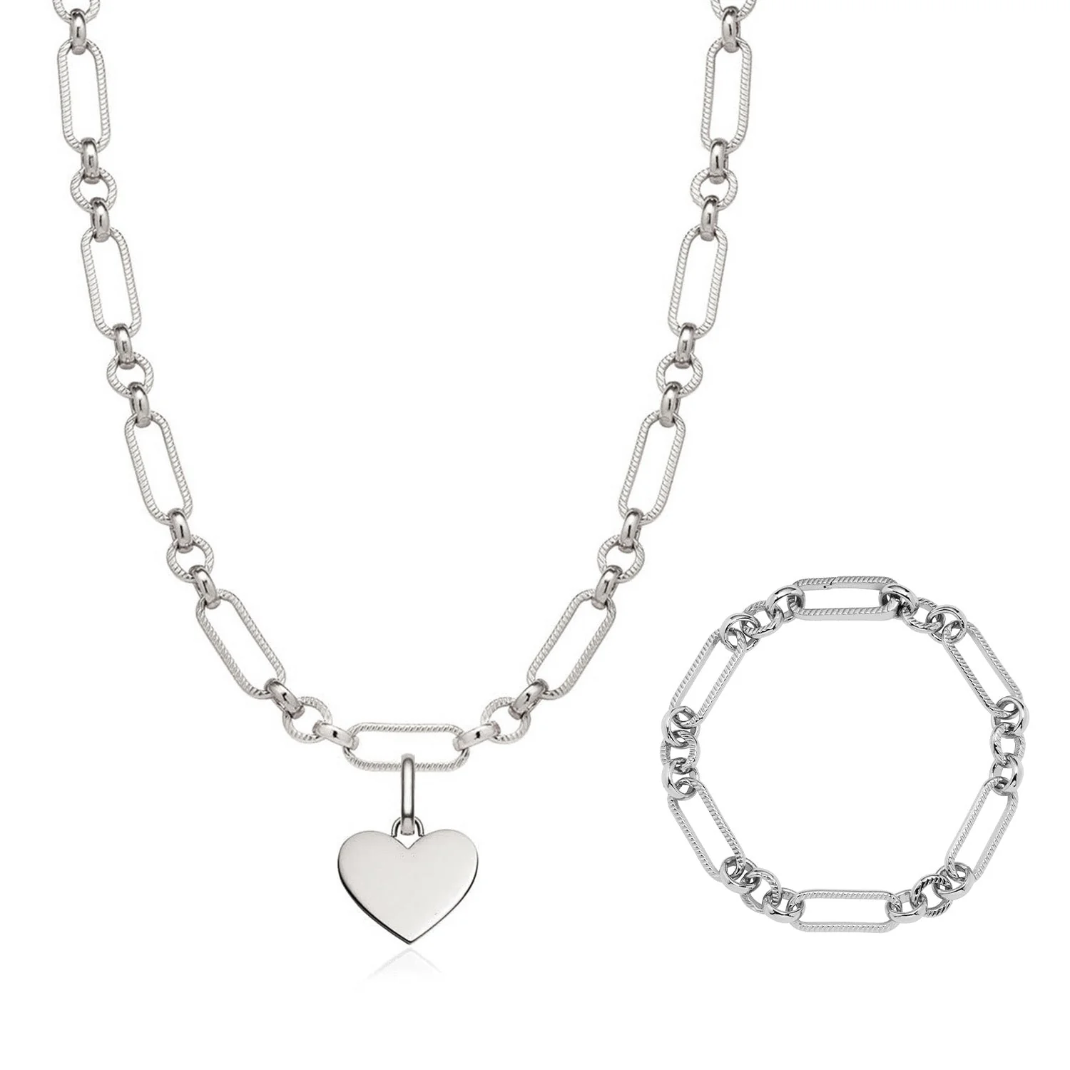 Heart Figaro Chain Necklace & Bracelet Set (Silver) - Image 7