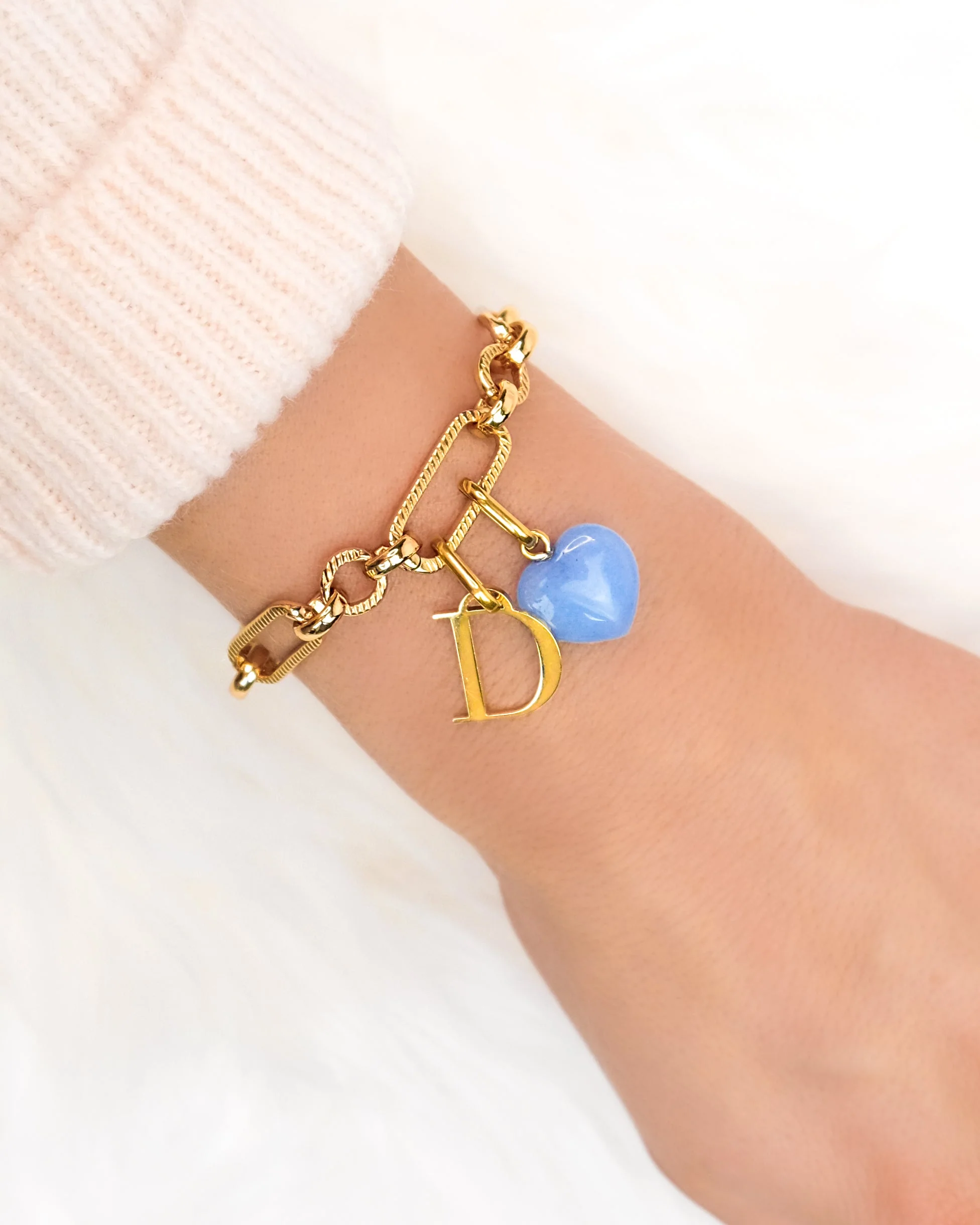 Letter & Birthstone Figaro Chain Bracelet (Gold) - Image 3