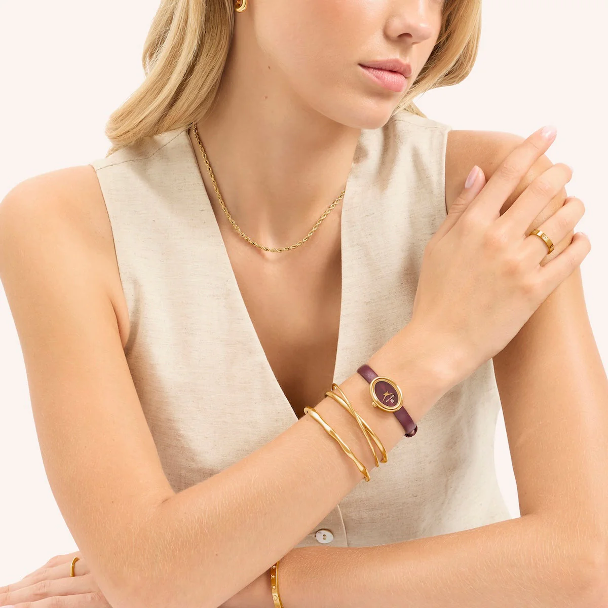 Monroe Leather Watch & Bangle Set (Burgundy/Gold) - Image 3