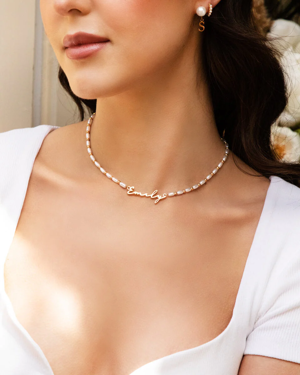 Pearl Initial Drop Earrings (Gold) - Image 7