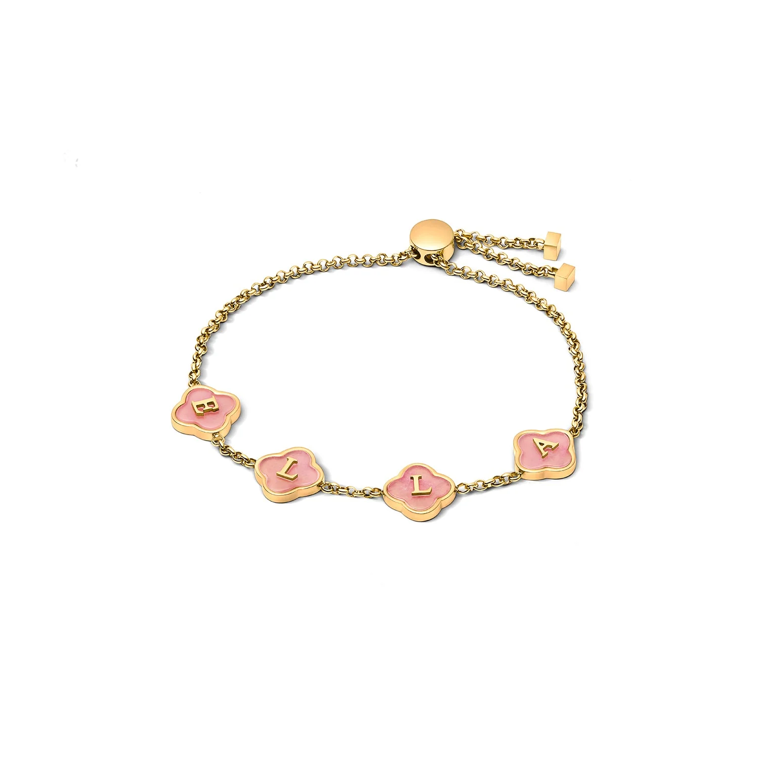 Rose Quartz Clover Custom Name Bracelet (Gold) - Image 7