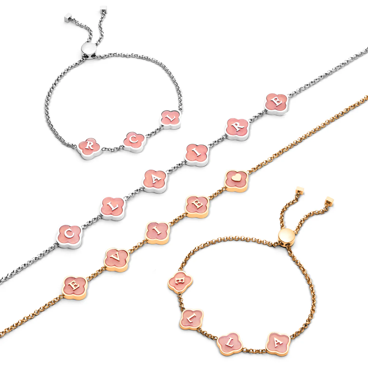 Rose Quartz Clover Custom Name Bracelet (Gold) - Image 5