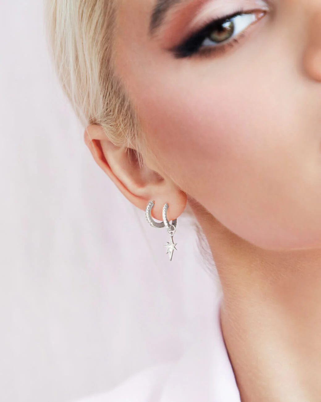 Sterling Silver Crystal Huggie Hoop Earrings (Silver) - Image 3
