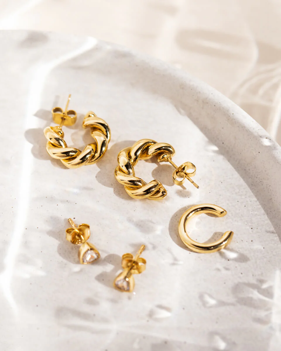 Twisted Huggie Hoop Earrings (Gold) - Image 5